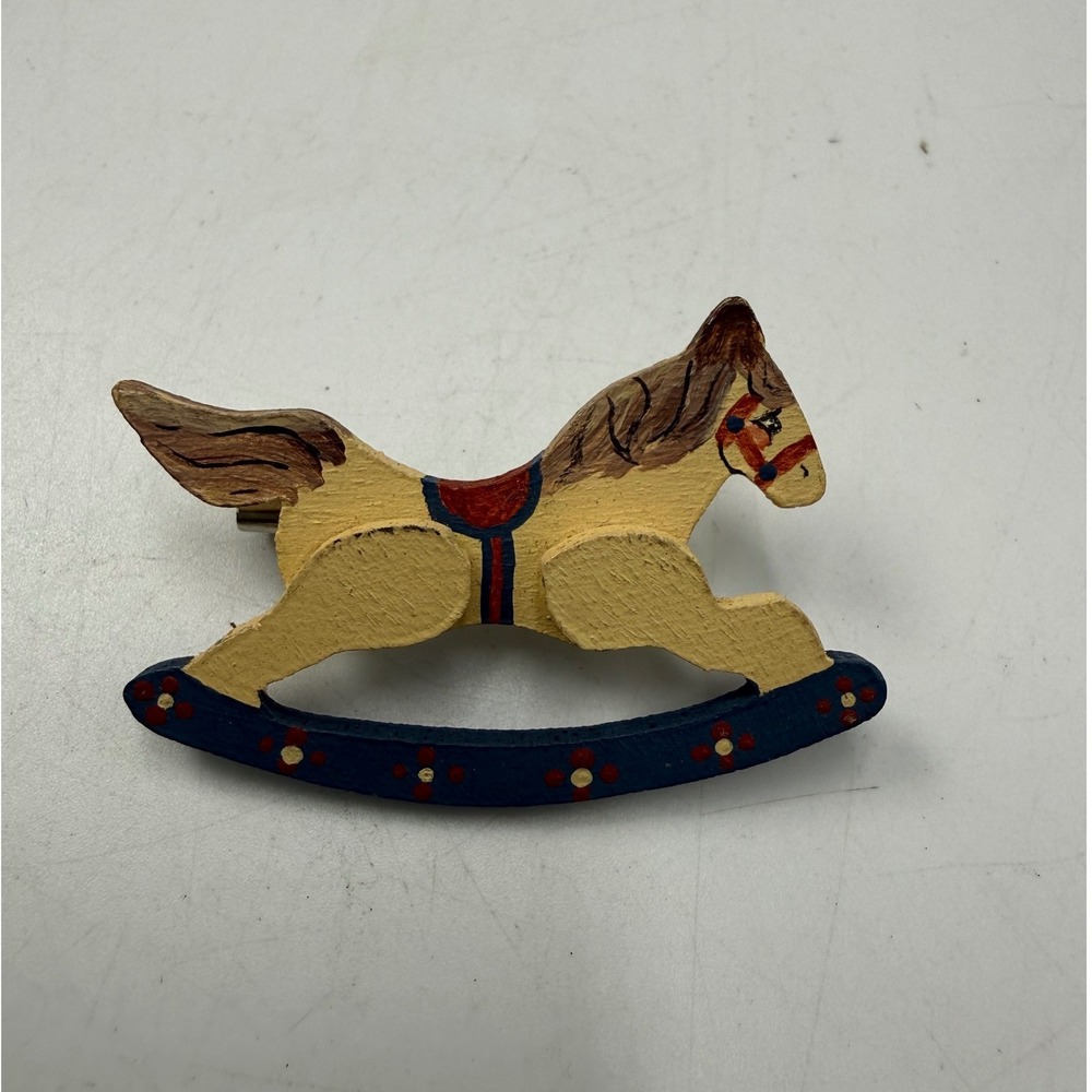 Vintage 1987 Signed Dana Hand Painted Wood Rocking Horse Brooch Pin Folk Art